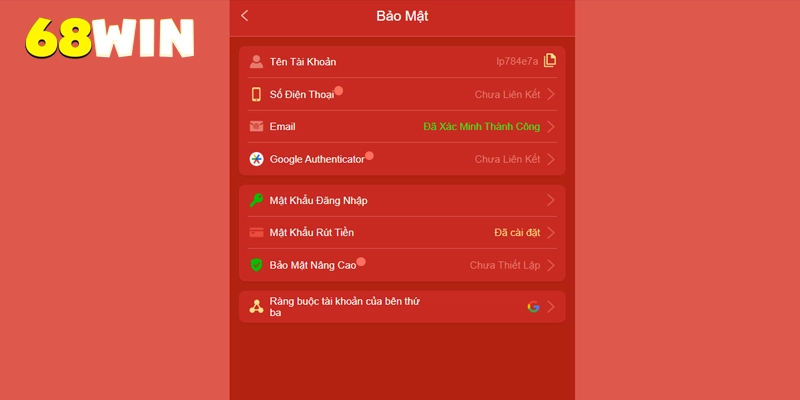 Sau khi đăng ký 68win bạn cần xác minh tài khoản